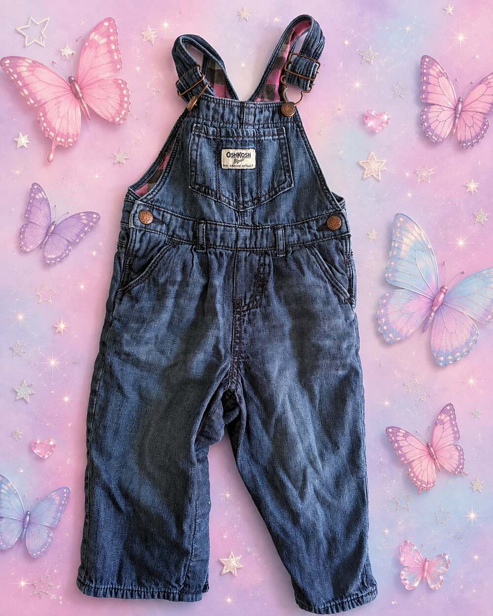 Vintage OshKosh B'gosh Girls Denim Bib Overalls 18M Plaid lined